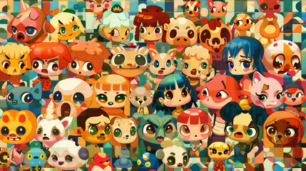 不思議で愉快な楽しい生き物たちがたくさん集まっているアーティスティックなイラスト