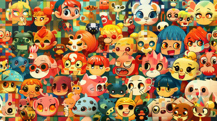 不思議で愉快な楽しい生き物たちがたくさん集まっているアーティスティックなイラスト