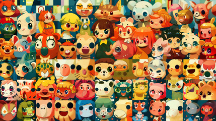 不思議で愉快な楽しい生き物たちがたくさん集まっているアーティスティックなイラスト