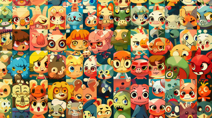 不思議で愉快な楽しい生き物たちがたくさん集まっているアーティスティックなイラスト