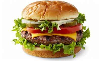 Plant-based burger loaded with lettuce, tomato, and vegan cheese