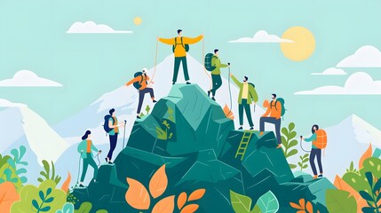 Business mentor helps to improve career and holding stairs steps vector illustration. Mentorship, upskills, climb help and self development strategy flat style design business concept. 