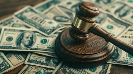 A wooden gavel sits on top of a pile of money