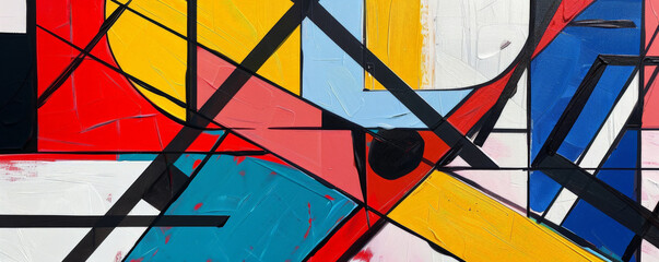 Fototapeta premium An abstract painting featuring geometric lines and shapes in a vibrant, contrasting color scheme. Bright reds, blues, and yellows form a dynamic and energetic composition, with black lines adding