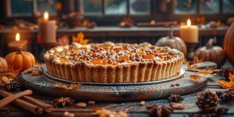 Pumpkin pie and spices for National Pumpkin Pie Day, November 25th, autumn flavors, festive dessert, cozy setup