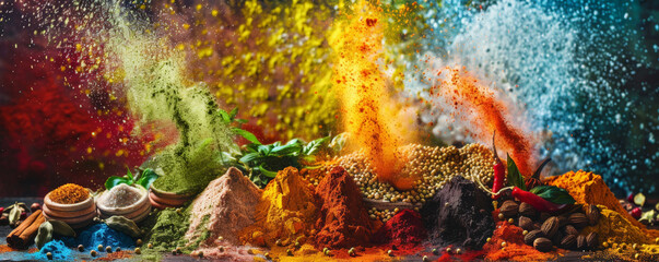 A vibrant display of spices being used in a cooking demonstration, with colorful powders and whole spices arranged in an engaging manner. The lively scene captures the essence of culinary creativity.