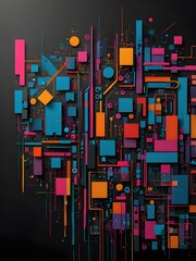 Vibrant Abstract Art Featuring Colorful Geometric Shapes, Cubes, and Lines on a Dark Background, Showcasing a Modern and Futuristic Design