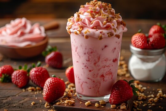 Pink drink with whipped cream and strawberries on table