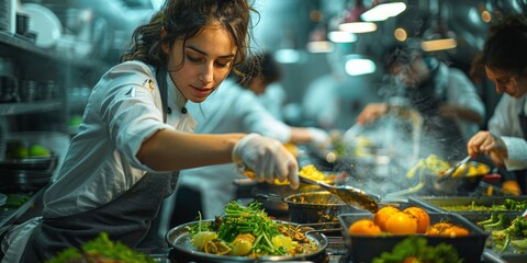 Restaurant staff working together in a bustling kitchen, ensuring smooth service and delicious dishes