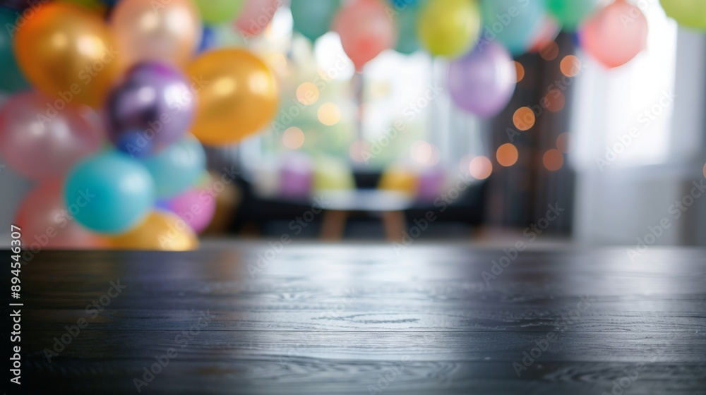 Poster a dark wooden table with colorful balloons hanging in the background. the balloons are out of focus 