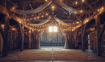 Rustic barn wedding venue adorned with burlap and fairy lights, creating a cozy ambiance