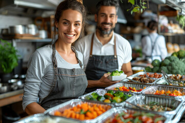 Couple serving food in restaurant kitchen