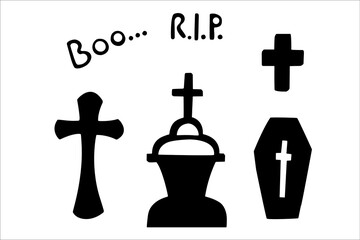 Set of Halloween silhouettes, black icon and character. Design of pumpkin, cemetery and spooky elements for Halloween decoration, sketch, badge, sticker. Drawing vector isolated background..