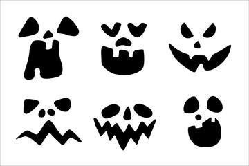 Set of Halloween silhouettes, black icon and character. Design of pumpkin, cemetery and spooky elements for Halloween decoration, sketch, badge, sticker. Drawing vector isolated background..