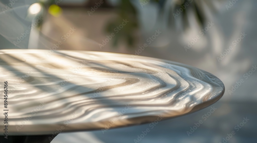 Aufkleber A close-up of a round tabletop with a swirling, marbled pattern, illuminated by sunlight streaming through a window.