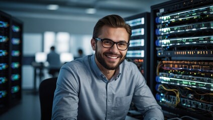 Professional IT Programer smiling and Working in Data Center on Desktop Computer with Two Displays, while Doing Development of Software and Hardware. Data Network and IT Technologies Concept
