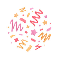3d firecracker of confetti, stars and ribbons. Celebrate circle composition. Party popper. Plastic serpentine, spirals and squiggles. Vector Illustration for new year banner, birthday, sale design.