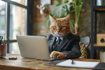 A cat in a suit working on a laptop in an office setting