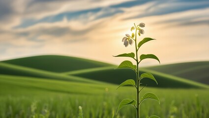 Sun-Kissed Photograph of Withania Plant Among Rolling Hills and Cloudy Sky