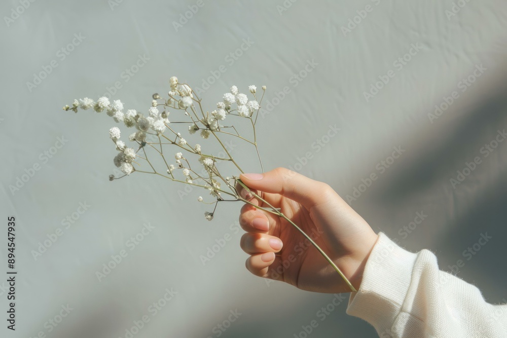 Poster gentle hand presents a bouquet of fragile white blossoms against a soft grey backdrop