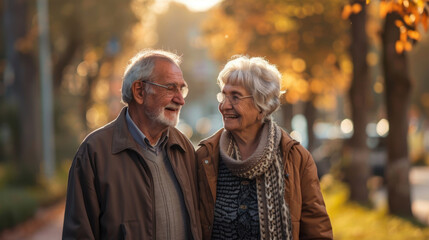 Smiling elderly couple enjoying a walk outdoors during autumn, surrounded by colorful fall foliage.