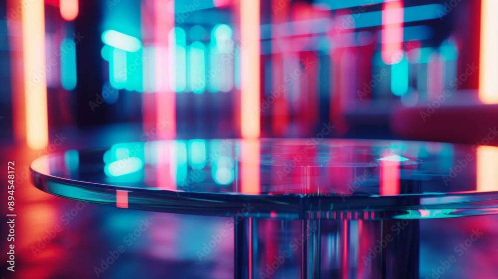 Aufkleber a glass table sits in a dimly lit room with vibrant neon lights reflecting off its surface. the blur