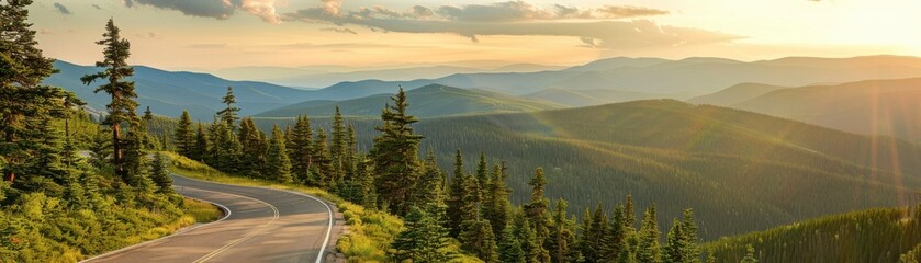 Scenic mountain road winding through lush forest with sunlight casting shadows on the hills, creating a tranquil and picturesque landscape.