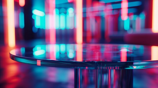 A glass table sits in a dimly lit room with vibrant neon lights reflecting off its surface. The blurred background creates a dreamy atmosphere.