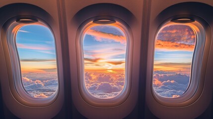 A vibrant sunset seen through 3 airplane windows with blue, orange, pink colors & fluffy clouds. Warm golden hues add to a serene atmosphere.
