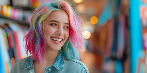 Fototapeta premium Young woman with colorful hair smiling in a vibrant store setting. Backdrop for design greeting card or banner