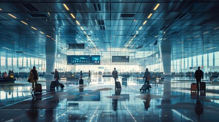 A busy airport atrium with modern design, people carrying luggage, and a digital information board displaying flight details. Dynamic and bustling travel hub ambiance in daylight.