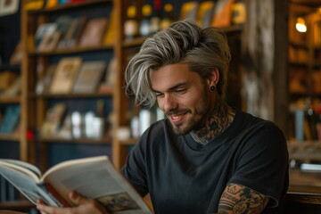 Man with stylish hair and tattoos reading a book in a cozy library