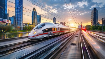Fototapeta premium A high-speed train traveling through a modern city, showcasing efficient public transport