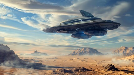 Desert landscape with flying saucer above, smoke effects, and dry mountains in the distance. Mysterious and serene environment under cloudy sky.