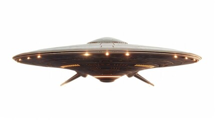 A silver saucer-shaped UFO with glowing orange lights is depicted in a minimalist image, standing out against a white backdrop, symbolizing its solitary presence in space.
