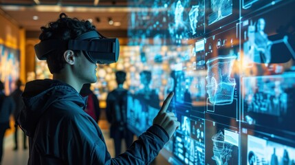 A futuristic classroom with students using augmented reality to explore historical events, enhancing education