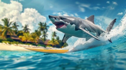 Fototapeta premium A great white shark leaps over a yellow surfboard in a tranquil beach setting. The scene includes palm trees, a house, and turquoise ocean waters.