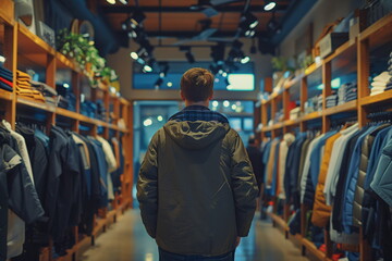 Fototapeta premium Back view of a man shopping for clothes in a modern store. Modern masculinity. Backdrop for design greeting card or banner