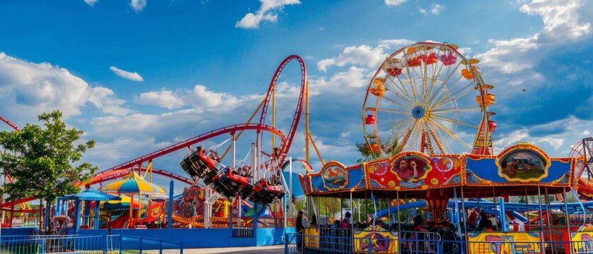 A vibrant amusement park scene featuring colorful roller coasters and a Ferris wheel under a blue sky with visitors enjoying various attractions.