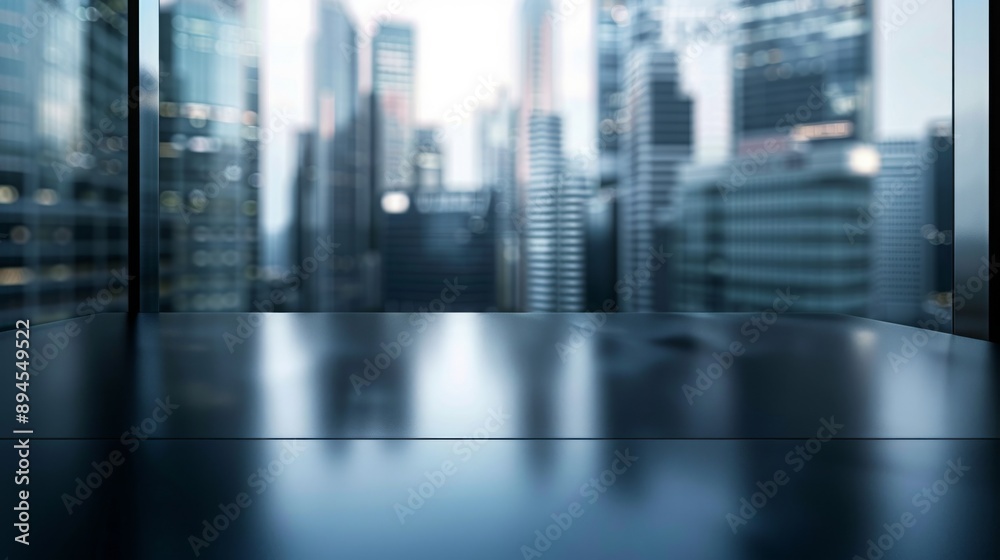 Aufkleber An empty tabletop with a view of a cityscape through large windows. The cityscape is blurry in the background.