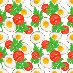 Scrambled eggs, tomato slices, parsley, colored seamless repeating pattern