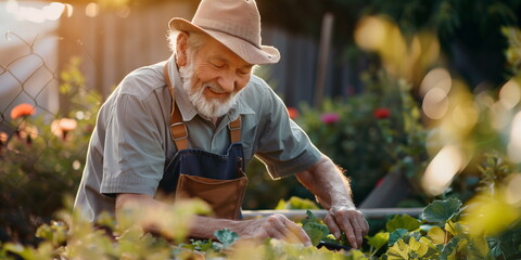 Elderly man happily gardening in the sunshine wearing a hat