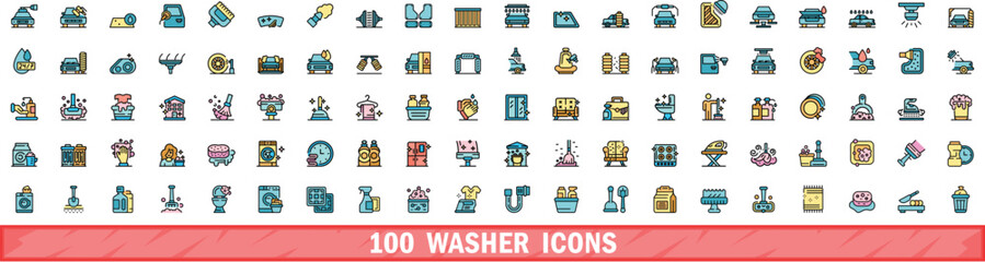 100 washer icons set. Color line set of washer vector icons thin line color flat on white