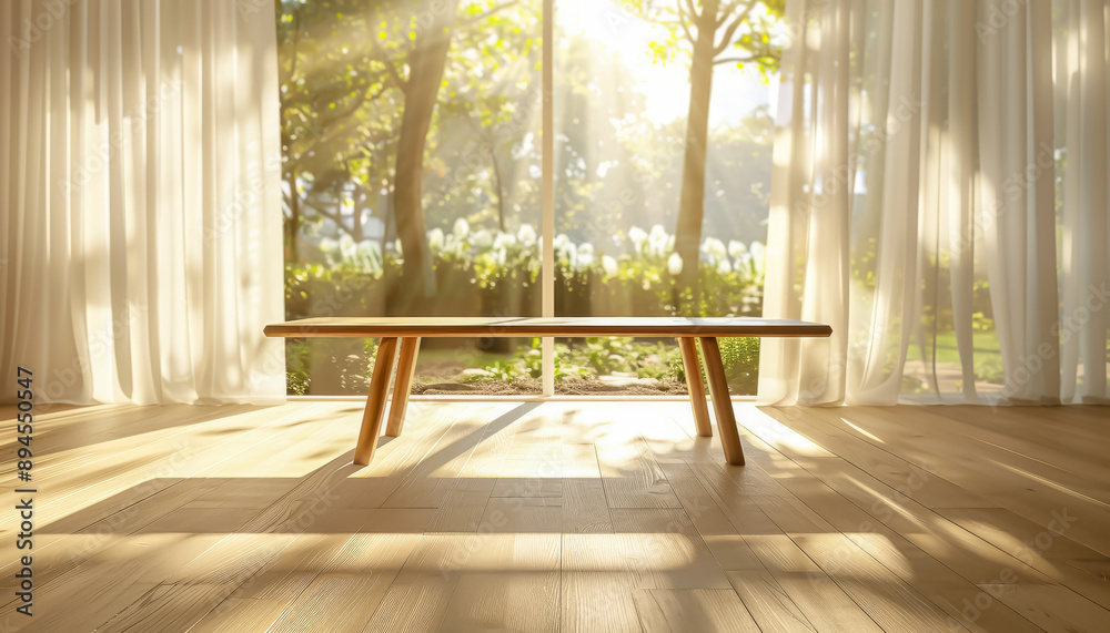 Aufkleber a serene interior scene with a wooden table illuminated by sunlight streaming through curtains and a