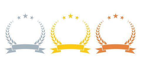 Laurel wreath award set. Gold, silver and bronze laurel frames with ribbon. First, second, third place prize concept. Vector illustration.