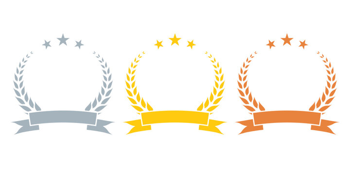 Laurel wreath award set. Gold, silver and bronze laurel frames with ribbon. First, second, third place prize concept. Vector illustration.