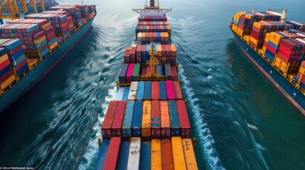 Fototapeta premium A cargo ship loaded with containers at a busy port, emphasizing international trade and logistics