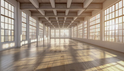 Bright and spacious interior with large windows illuminating a polished wooden floor, ideal for creative projects and events.