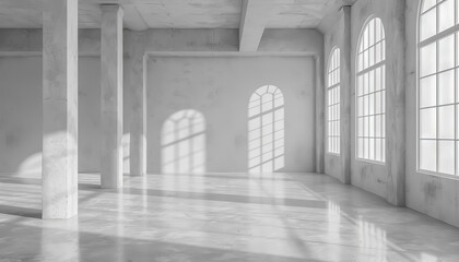 Fototapeta premium Spacious, sunlit interior featuring high ceilings, large windows, and elegant shadows that create a minimalist atmosphere.