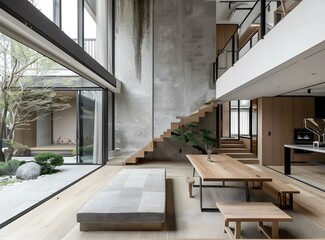 Fototapeta premium Modern Minimalist Interior Design With Wooden Floor And Staircase